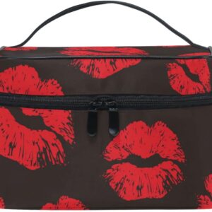 ZOEO Makeup Train Case Red Lips Retro Black XOXOXO Korean Carrying Portable Zip Travel Cosmetic Brush Bag Organizer Large for Girls Women