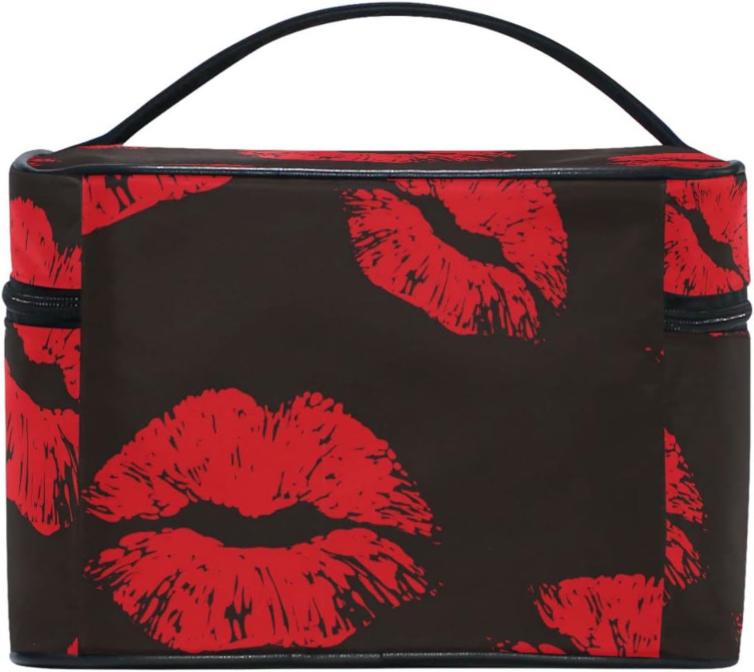 ZOEO Makeup Train Case Red Lips Retro Black XOXOXO Korean Carrying Portable Zip Travel Cosmetic Brush Bag Organizer Large for Girls Women - Image 5
