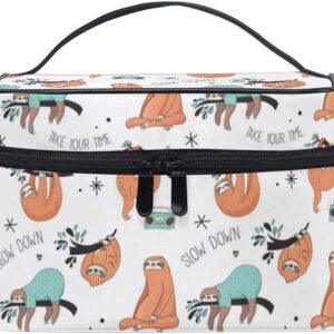 ZOEO Makeup Train Case Sloth Pajama Party Time Tree White Korean Carrying Portable Zip Travel Cosmetic Brush Bag Organizer Large for Girls Women