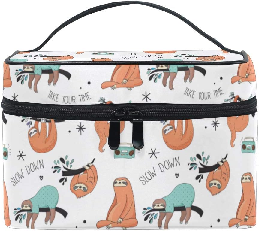 ZOEO Makeup Train Case Sloth Pajama Party Time Tree White Korean Carrying Portable Zip Travel Cosmetic Brush Bag Organizer Large for Girls Women