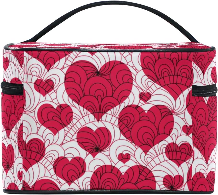 ZOEO Makeup Train Case Vintage Love Heart Red Graphic Hearts Korean Carrying Portable Zip Travel Cosmetic Brush Bag Organizer Large for Mom Mother's Day Gift - Image 4