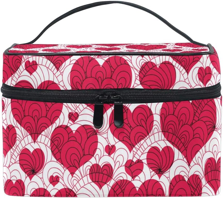 ZOEO Makeup Train Case Vintage Love Heart Red Graphic Hearts Korean Carrying Portable Zip Travel Cosmetic Brush Bag Organizer Large for Mom Mother's Day Gift