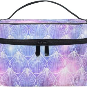 ZOEO Sea Shell Mermaid Makeup Train Case Purple Blue Galaxy Korean Carrying Portable Zip Travel Cosmetic Brush Bag Organizer Large for Girls Women