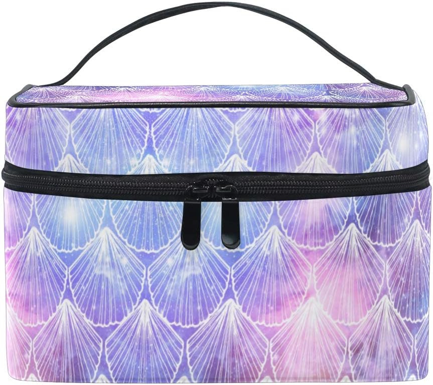ZOEO Sea Shell Mermaid Makeup Train Case Purple Blue Galaxy Korean Carrying Portable Zip Travel Cosmetic Brush Bag Organizer Large for Girls Women