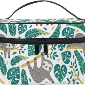 ZOEO Sloth Makeup Train Case Palm Tree Green Tropical Korean Carrying Portable Zip Travel Cosmetic Brush Bag Organizer Large for Girls Women