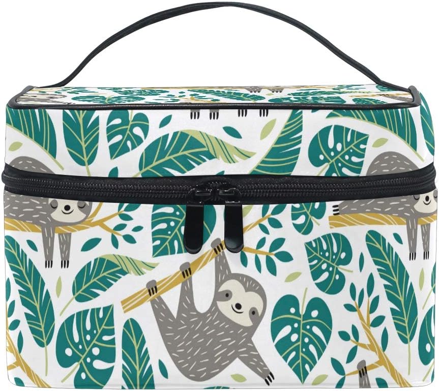 ZOEO Sloth Makeup Train Case Palm Tree Green Tropical Korean Carrying Portable Zip Travel Cosmetic Brush Bag Organizer Large for Girls Women