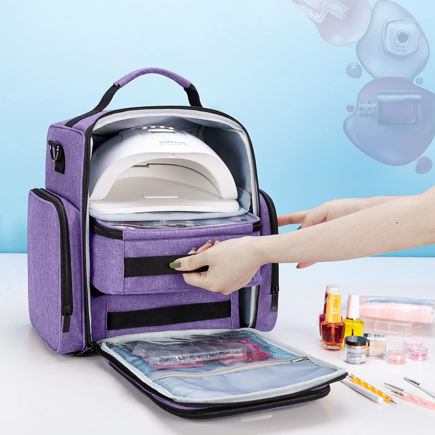 BAFASO Purple Nail Polish Organizer for 48 Bottles & Nail Lamp, Large Case - Image 6