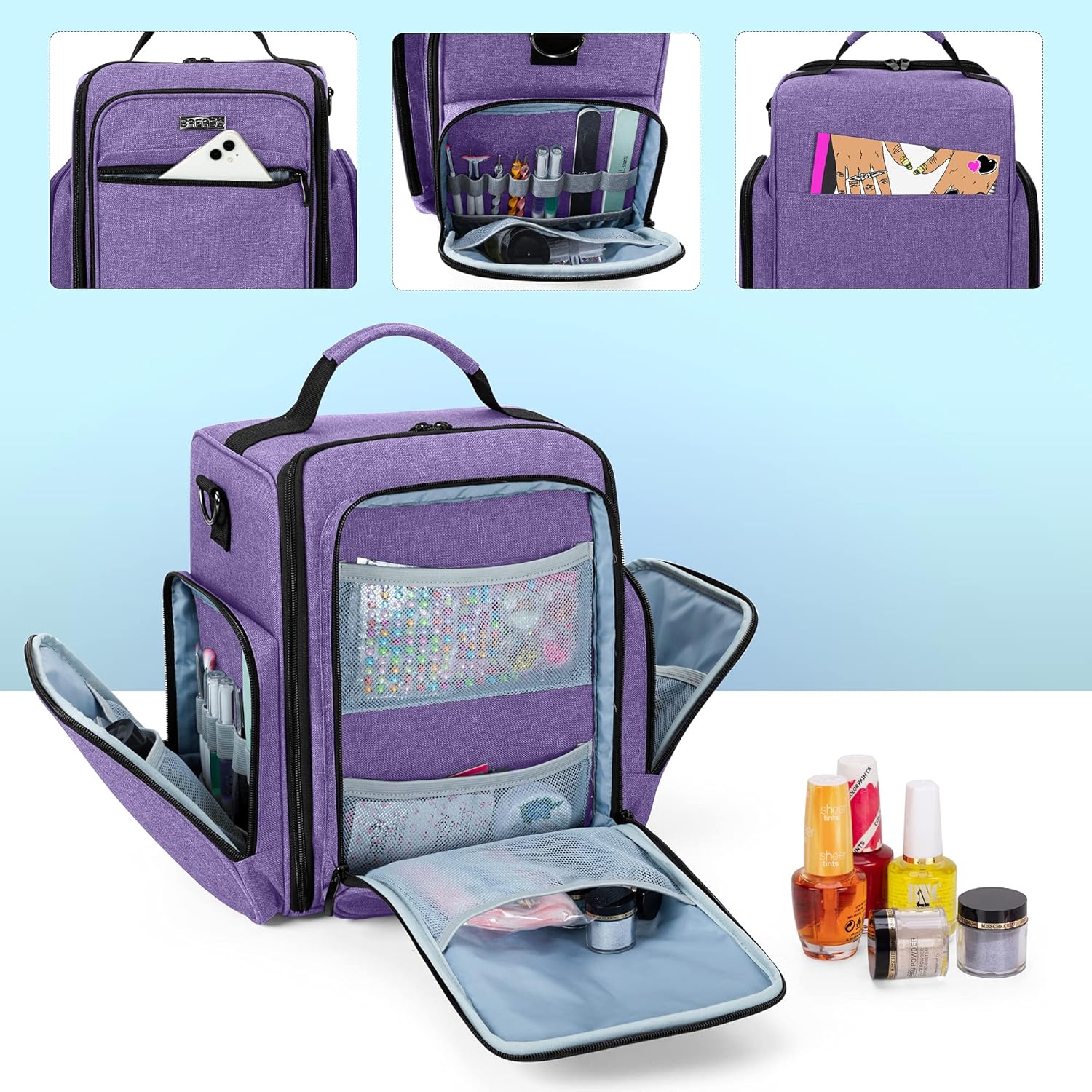 BAFASO Purple Nail Polish Organizer for 48 Bottles & Nail Lamp, Large Case - Image 3