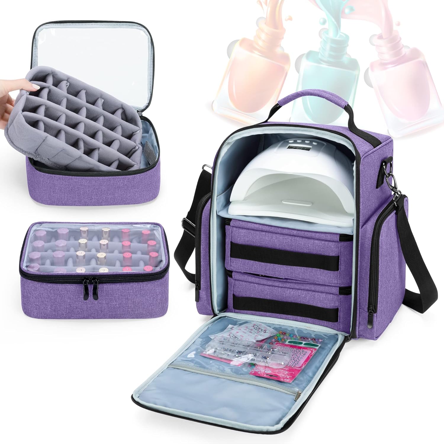 BAFASO Purple Nail Polish Organizer for 48 Bottles & Nail Lamp, Large Case - Image 2