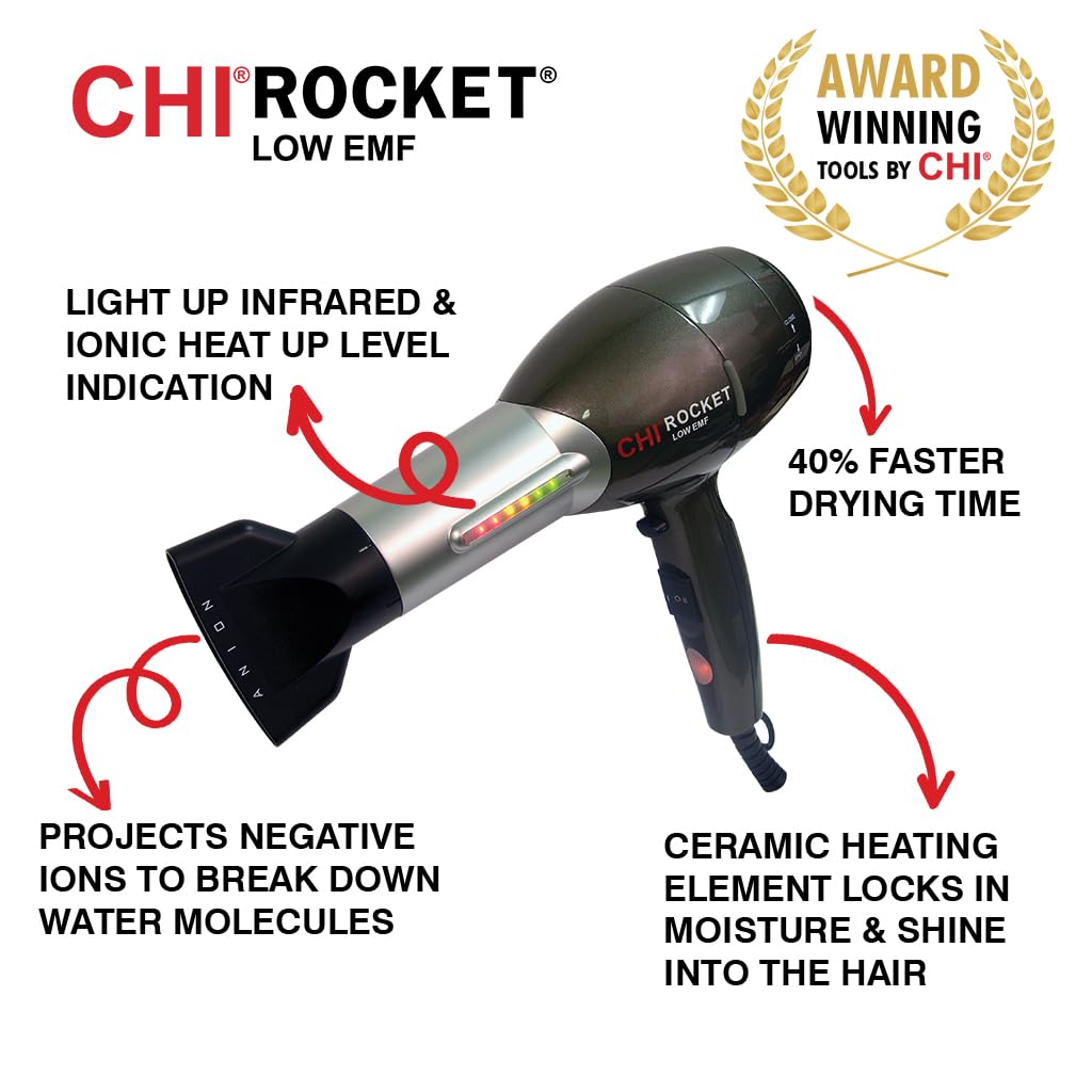 CHI Rocket Hair Dryer with Comb & Nozzle, Quick-Drying, Lightweight, Low EMF - Image 3