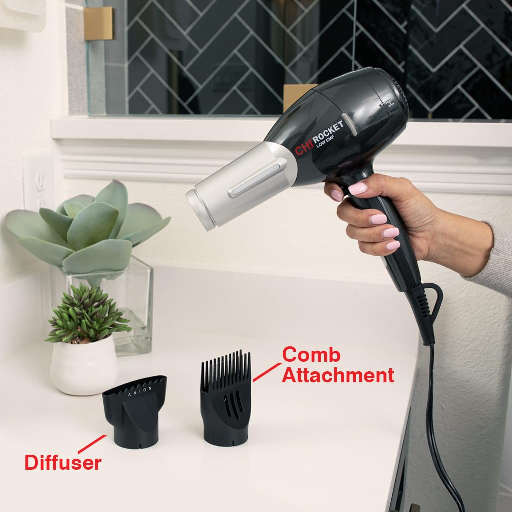 CHI Rocket Hair Dryer with Comb & Nozzle, Quick-Drying, Lightweight, Low EMF - Image 2