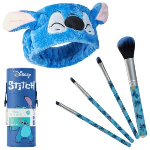 Disney Stitch Makeup Brush Set with Headband, Eyeshadow Brushes, and Travel Case (Blue)