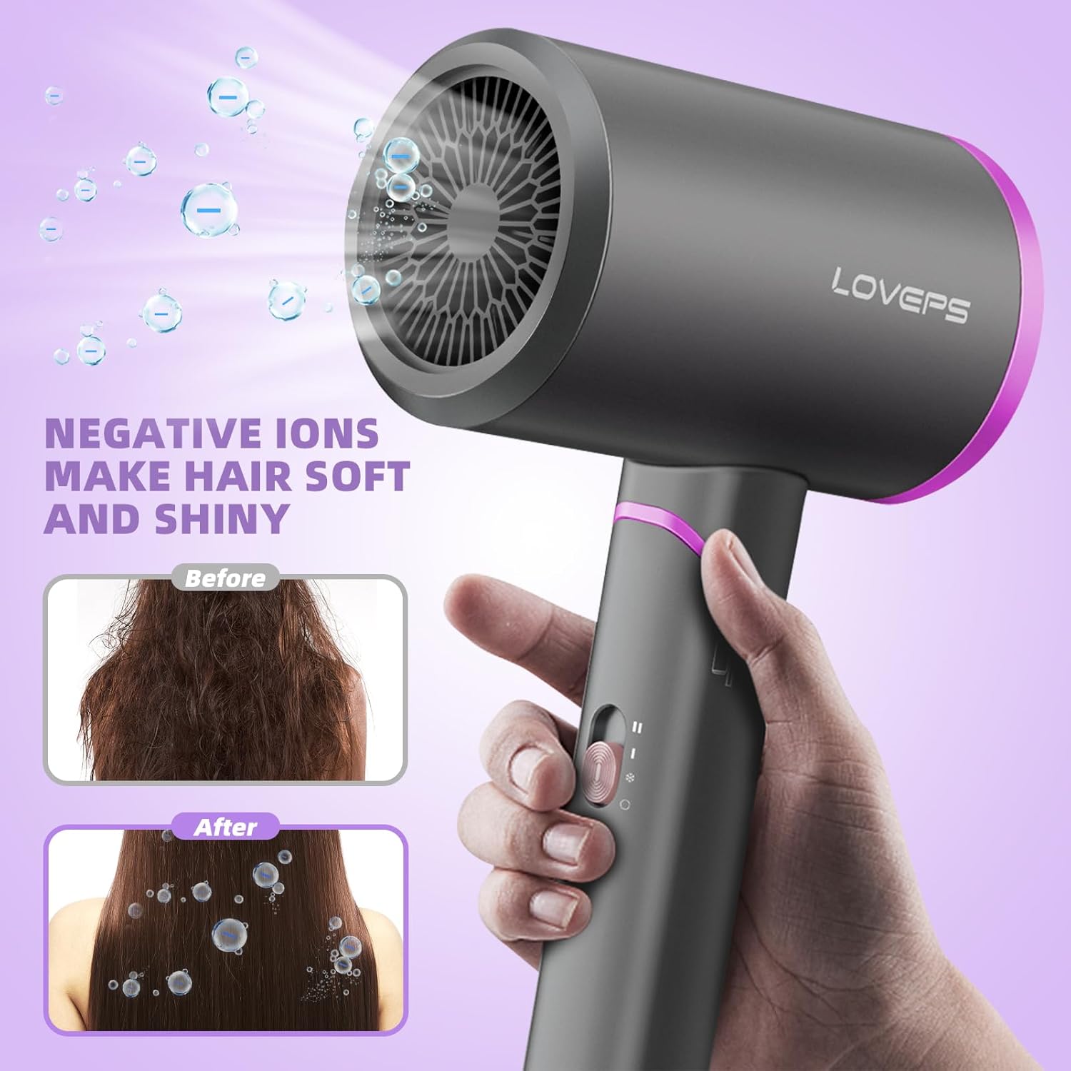 1800W Ionic Hair Dryer with Diffuser, Foldable Travel Design, Crimson Purple - Image 4