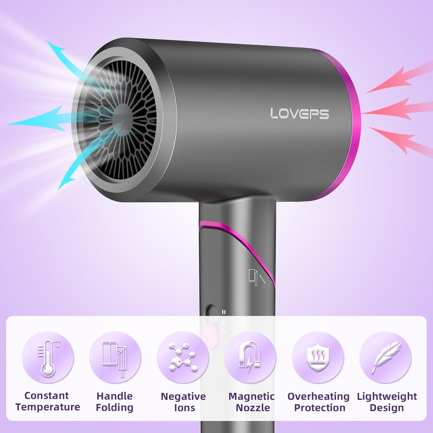 1800W Ionic Hair Dryer with Diffuser, Foldable Travel Design, Crimson Purple - Image 2