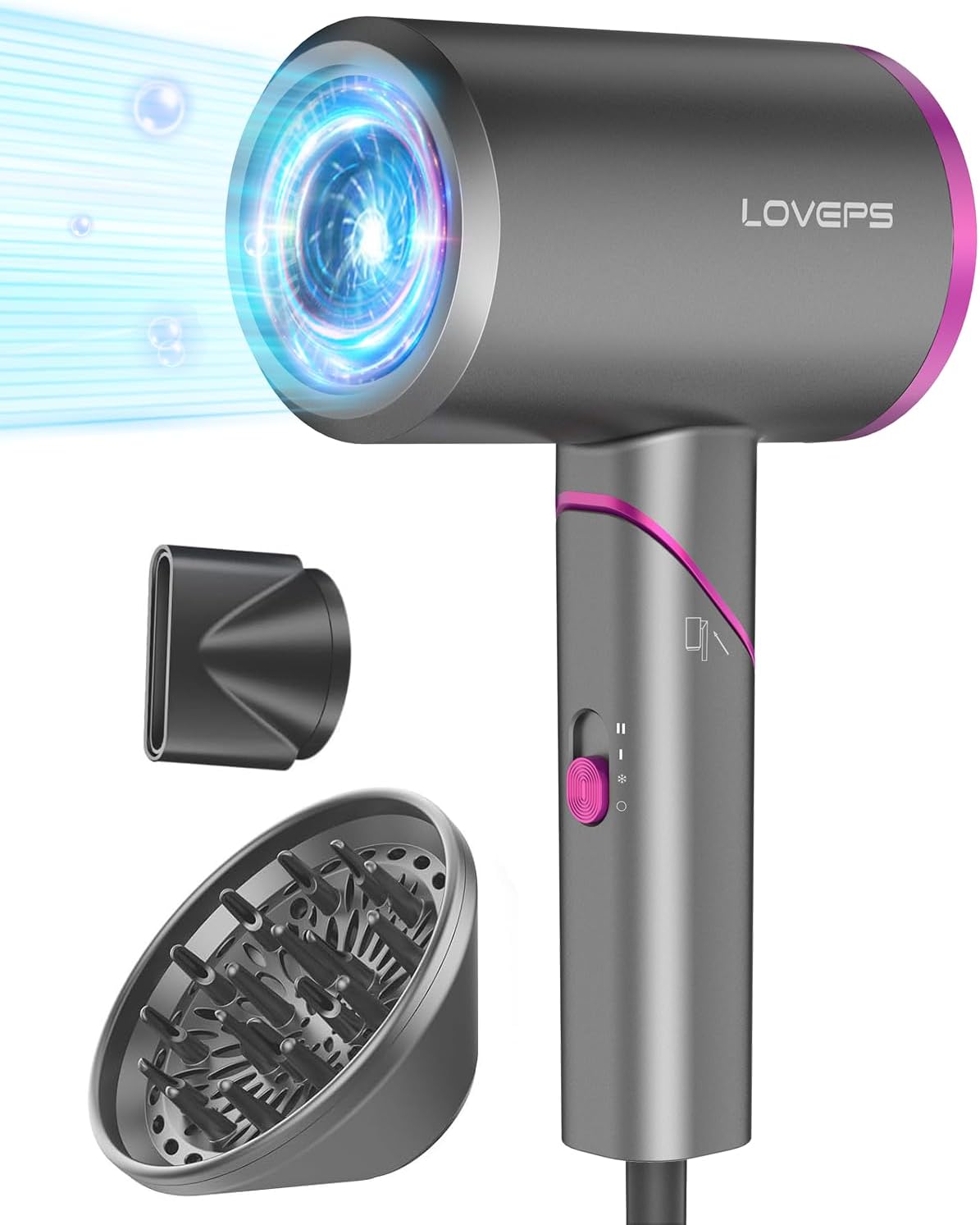 1800W Ionic Hair Dryer with Diffuser, Foldable Travel Design, Crimson Purple