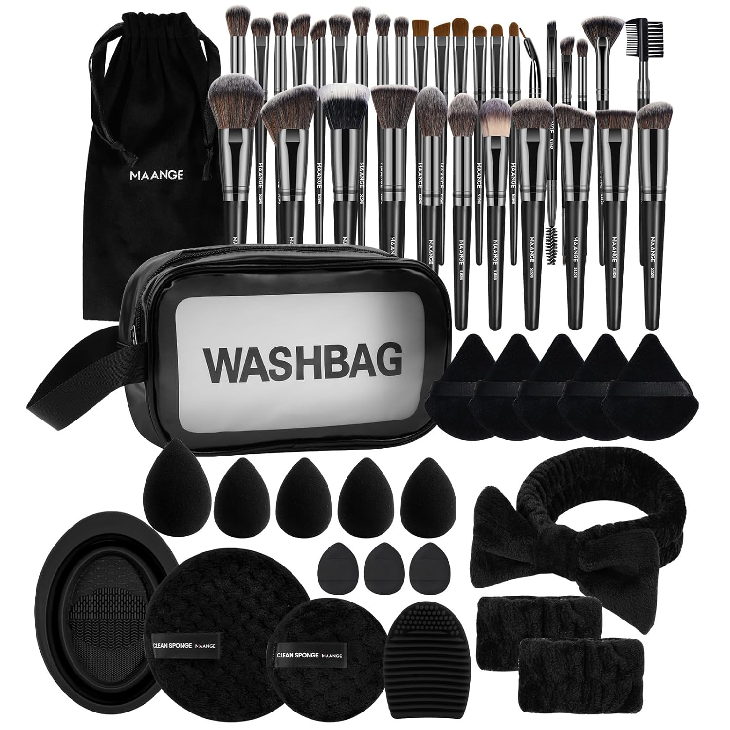 MAANGE 54-Piece Black Makeup Brush and Accessory Set for Women, New Condition