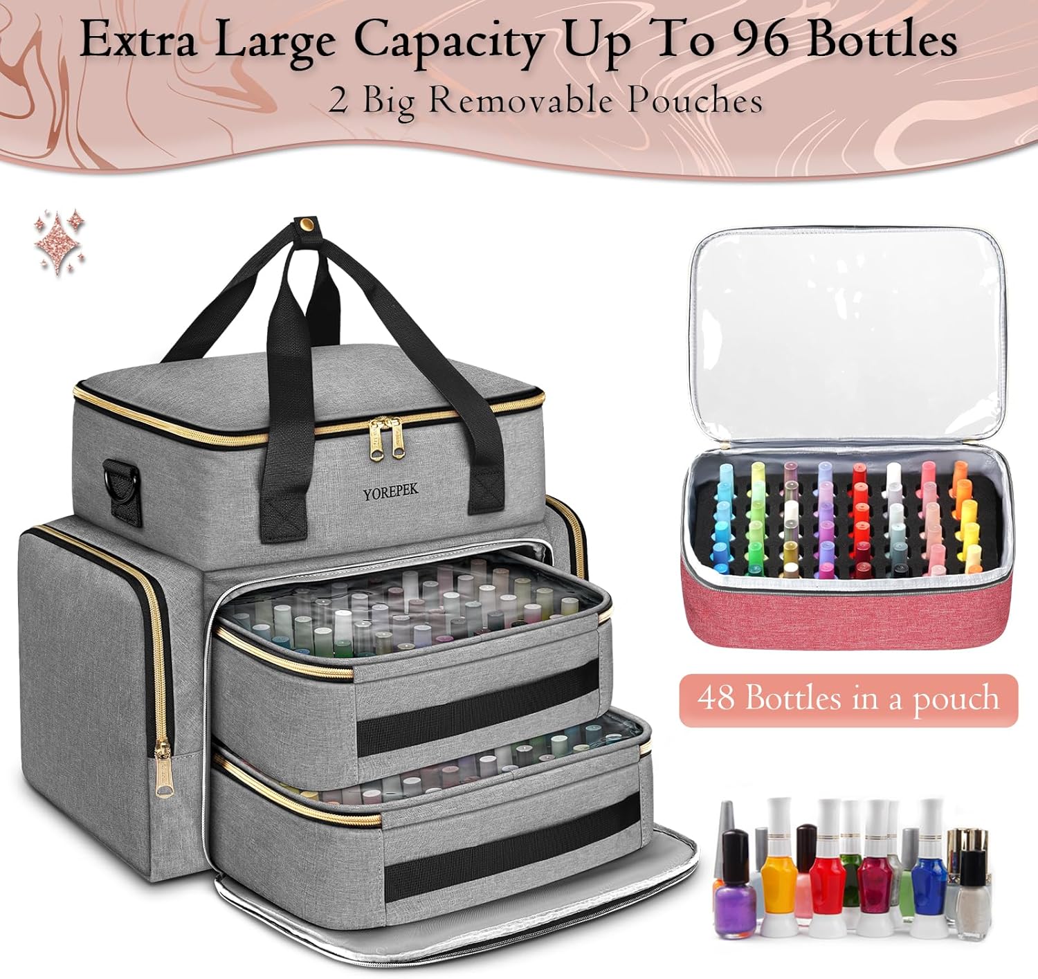 YOREPEK Extra Large Nail Polish Organizer Case for 100+ Bottles with Pouches - Image 3