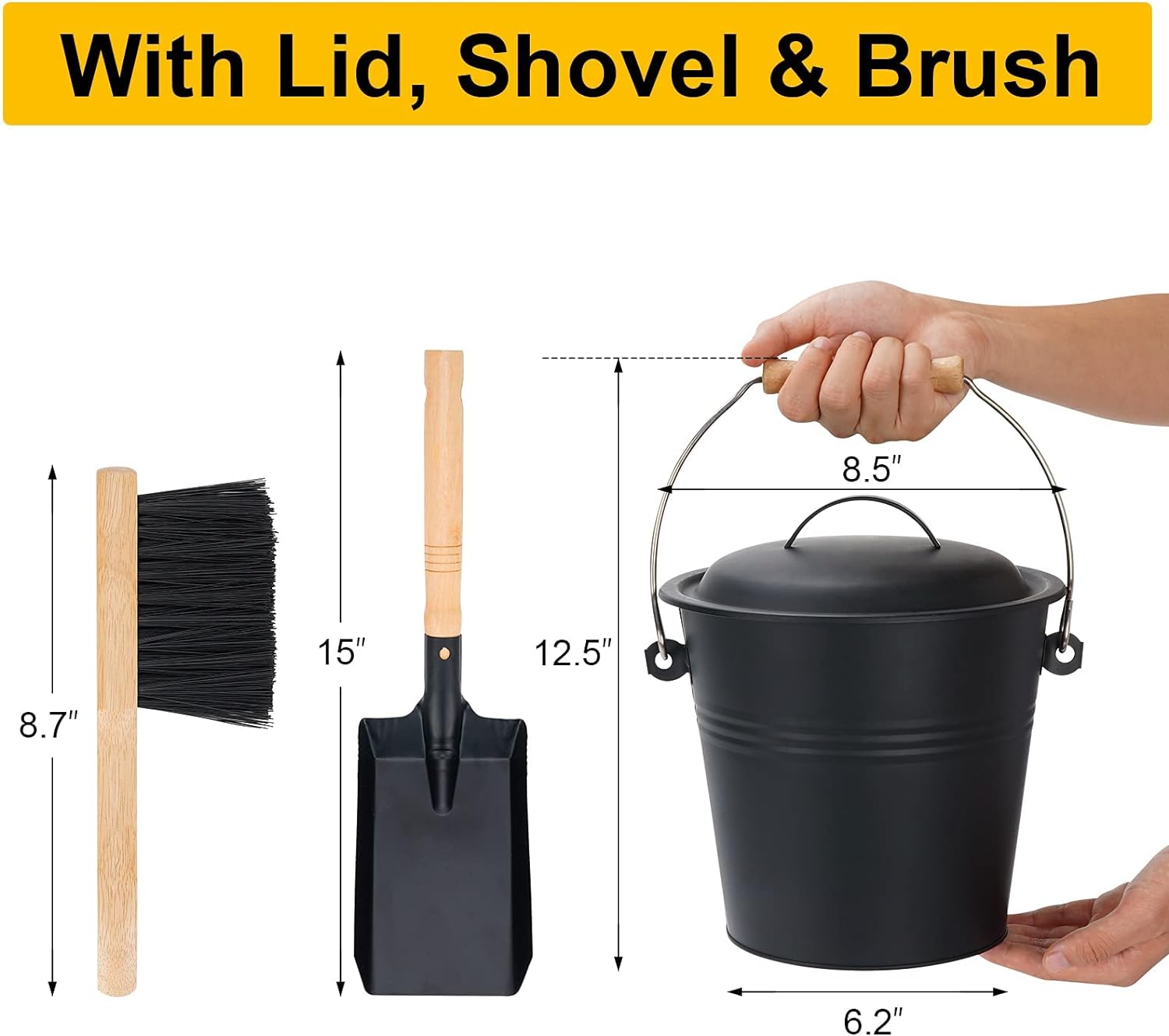 1.5 Gallon Metal Ash Bucket with Lid, Shovel, and Broom for Fireplaces - Image 2