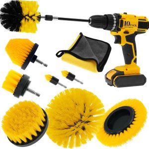 10 Pcs Drill Brush Attachment Set, Power Cleaning Scrub Brush Kit with Extend Long Attachment, All Purpose Drill Scrub Brushes for Car, Grout, Floor, Shower, Bathroom and Kitchen (Yellow)