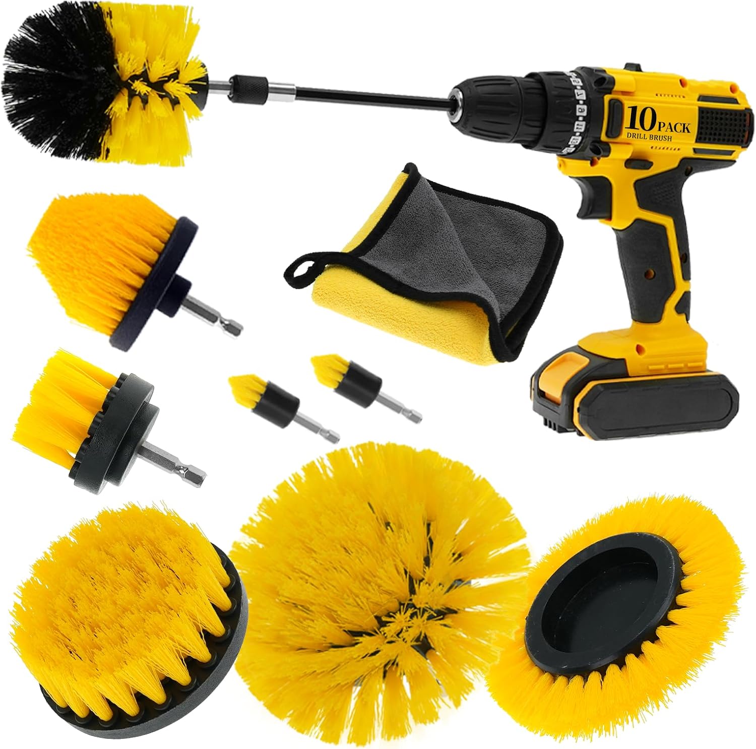 10 Pcs Drill Brush Attachment Set, Power Cleaning Scrub Brush Kit with Extend Long Attachment, All Purpose Drill Scrub Brushes for Car, Grout, Floor, Shower, Bathroom and Kitchen (Yellow)