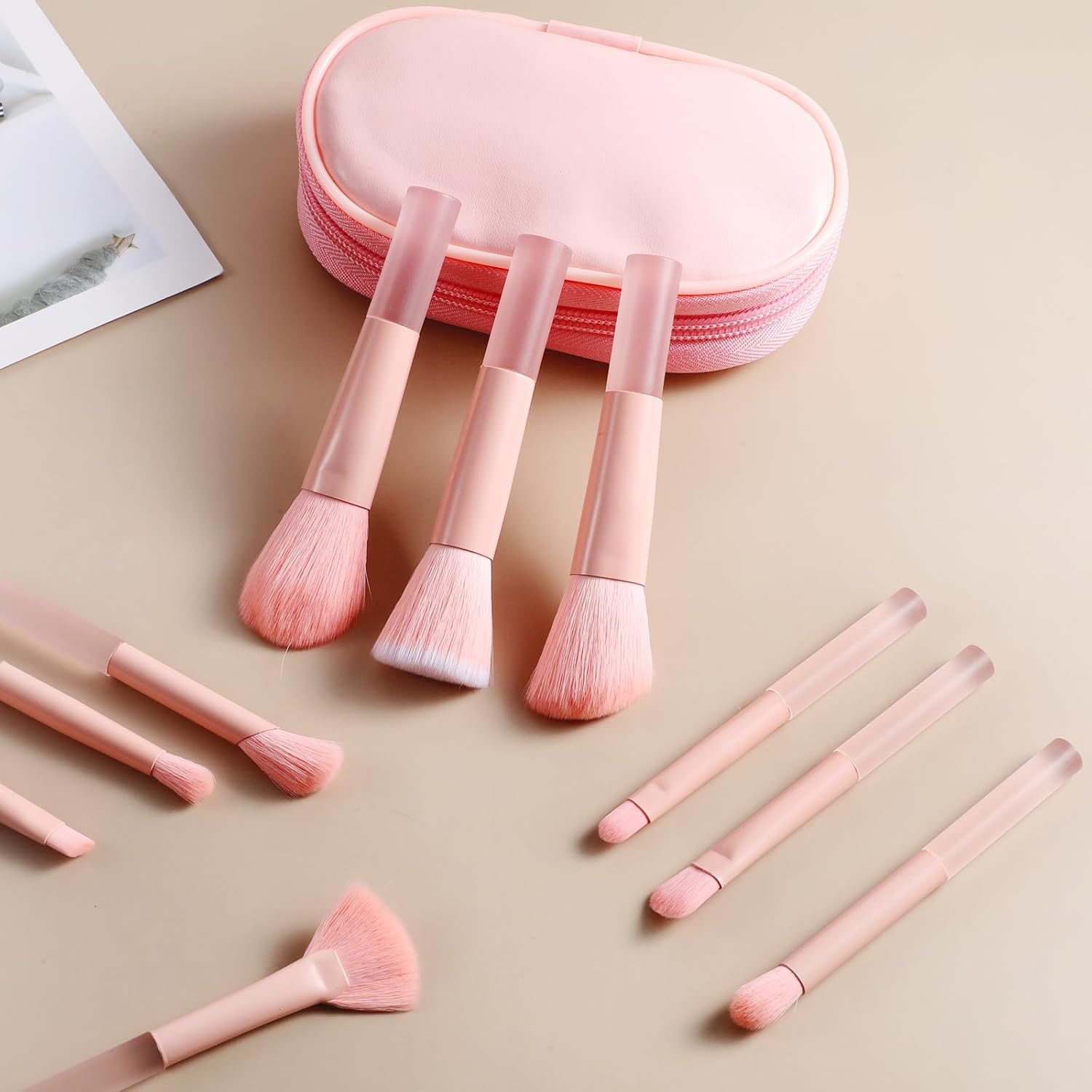 10 Pcs Travel Makeup Brush Set with Case Pink Mini Makeup Brushes Portable Travel Size Make up Brushes Kabuki Powder Foundation Blush Highlight Eye Blending Shadows Concealer Lips Brush for Travel - Image 5