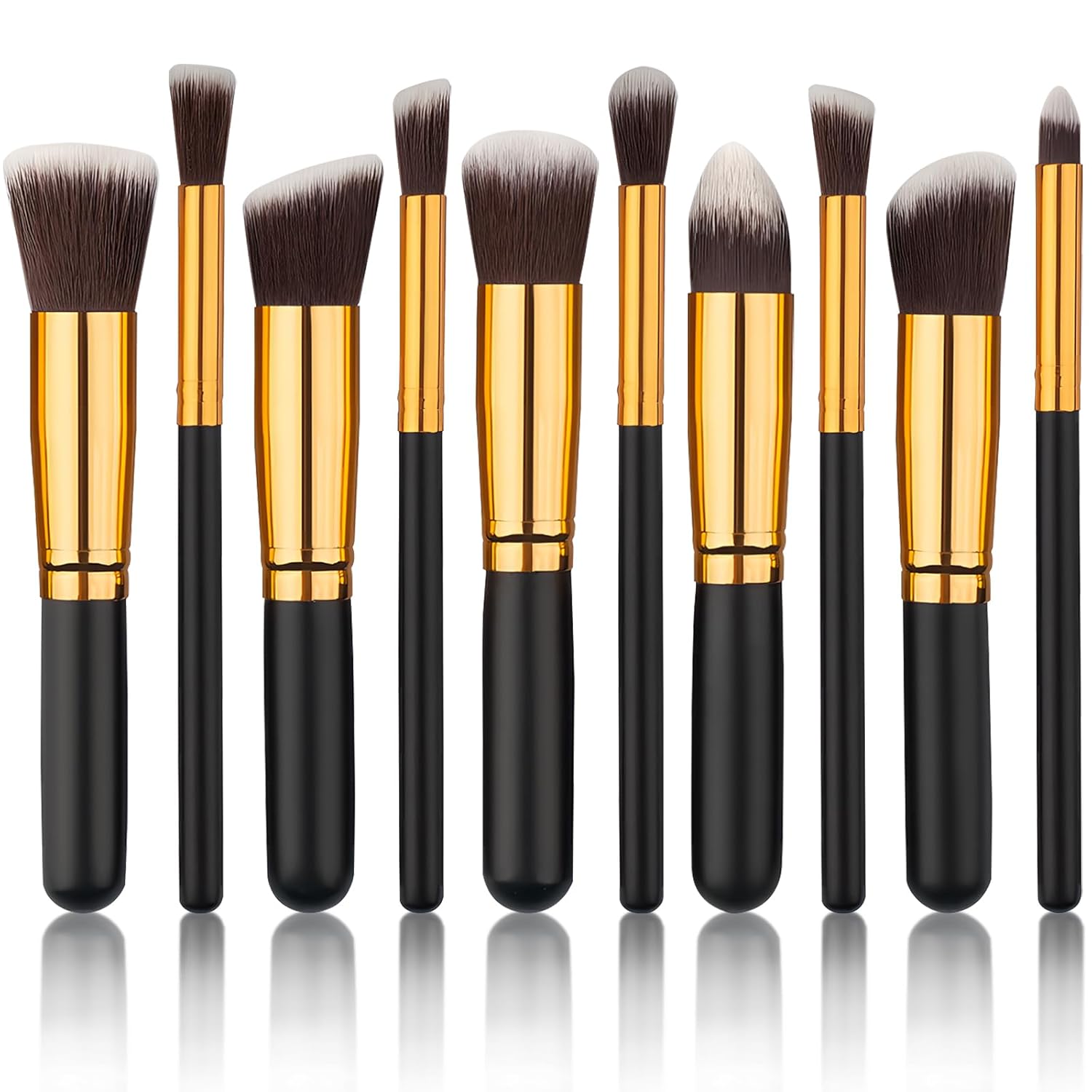 10pcs Premium Synthetic Mini Makeup Brush Set: Eyeshadow, Powder, Eyebrow, Eyeliner, Blush, Foundation & Concealer - Black & Golden
