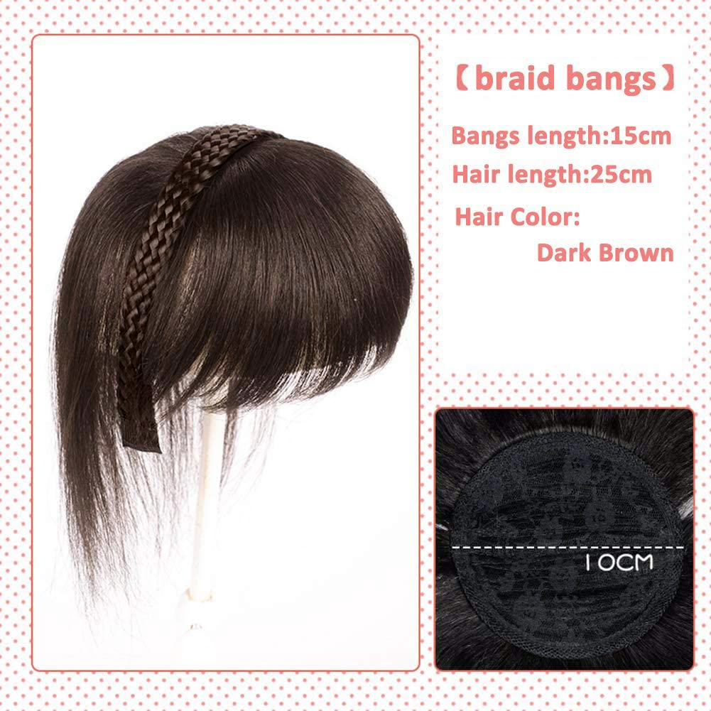 10" Women Human Hair Braided Headband Hair Piece Clip in Hairband Braids Human Hair Extensions Twist Braid Human Hair Topper with Bangs Dark Brown