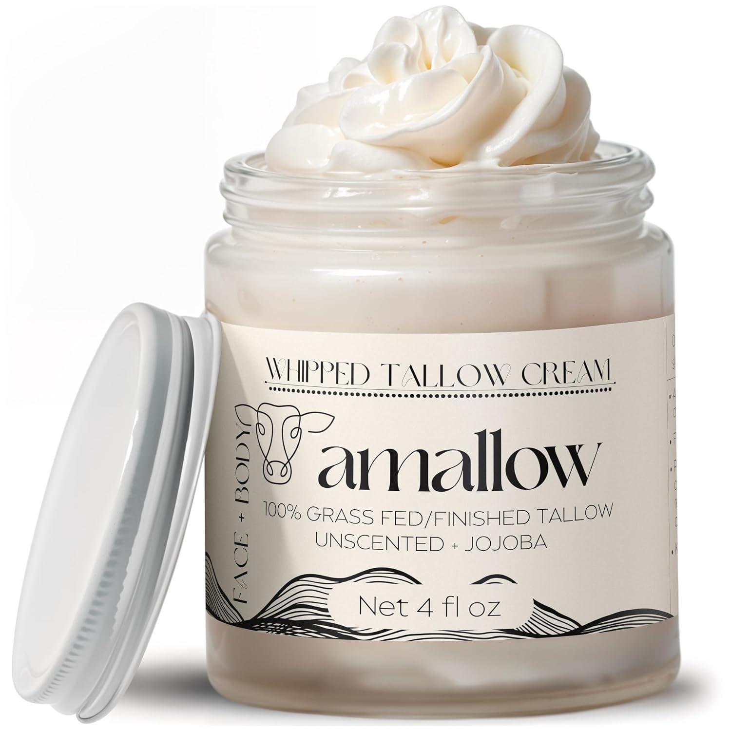 100% Grass Fed Beef Tallow for Skin Care - Face + Body - Whipped Moisturizer for Sensitive Skin - Natural Lotion, 4 FL. oz. (Unscented + Jojoba Oil)