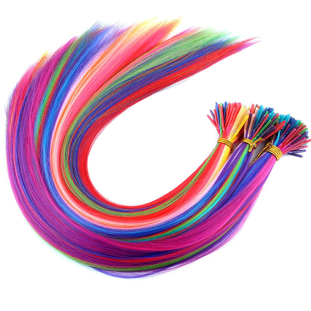 100 Strands 20" Party Colors Hair Extensions Kit I-Tip Fusion Long Straight Hairpieces Synthetic Heat Resistant Highlight Feather Micro Ring Hair Accessories, Include 100 Microbeads with Hook Tool - Image 2