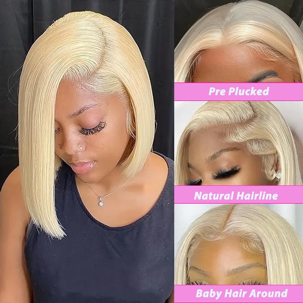 12 Inch 613 Blonde Bob Wig Human Hair 180 Density Straight Lace Front Wigs Human Hair Pre Plucked 613 Lace Front Wig Human Hair Short Blonde Wig 13x4 HD Lace Frontal Short Bob Wigs for Black Women - Image 2