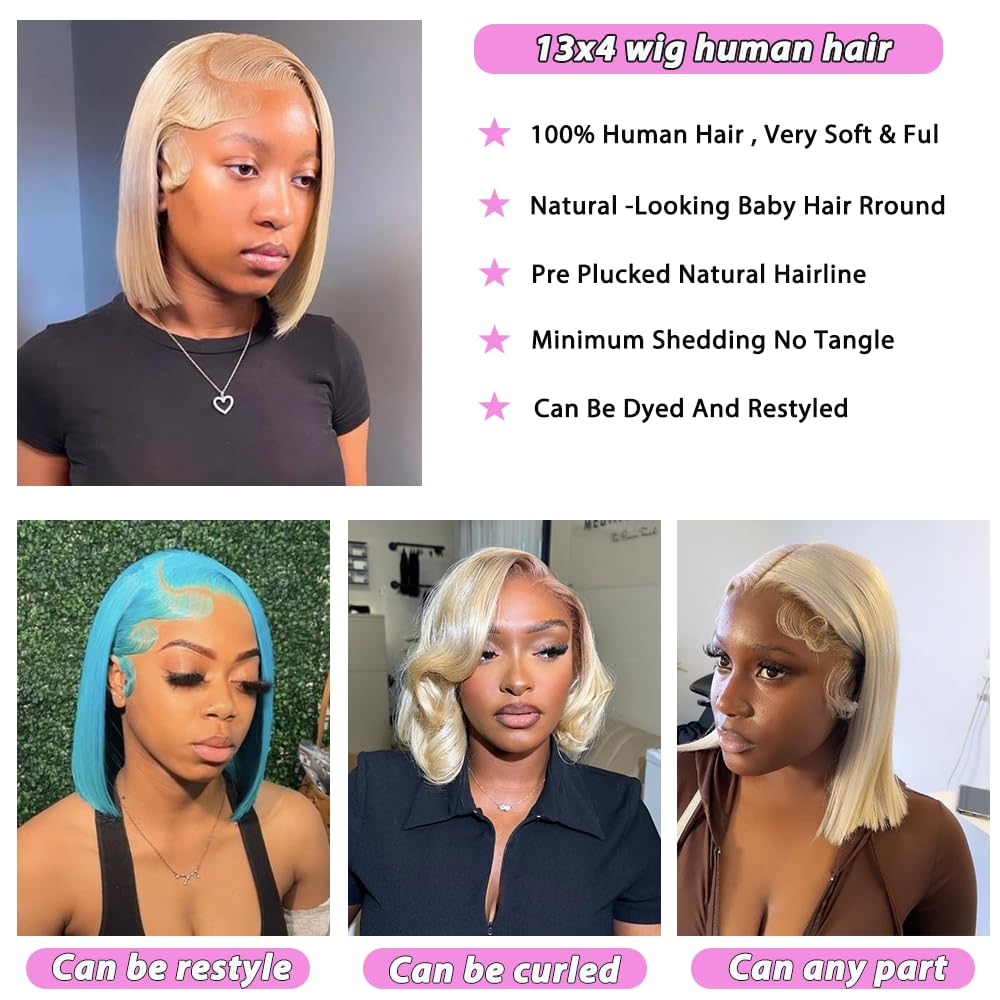12 Inch 613 Blonde Bob Wig Human Hair 180 Density Straight Lace Front Wigs Human Hair Pre Plucked 613 Lace Front Wig Human Hair Short Blonde Wig 13x4 HD Lace Frontal Short Bob Wigs for Black Women - Image 4