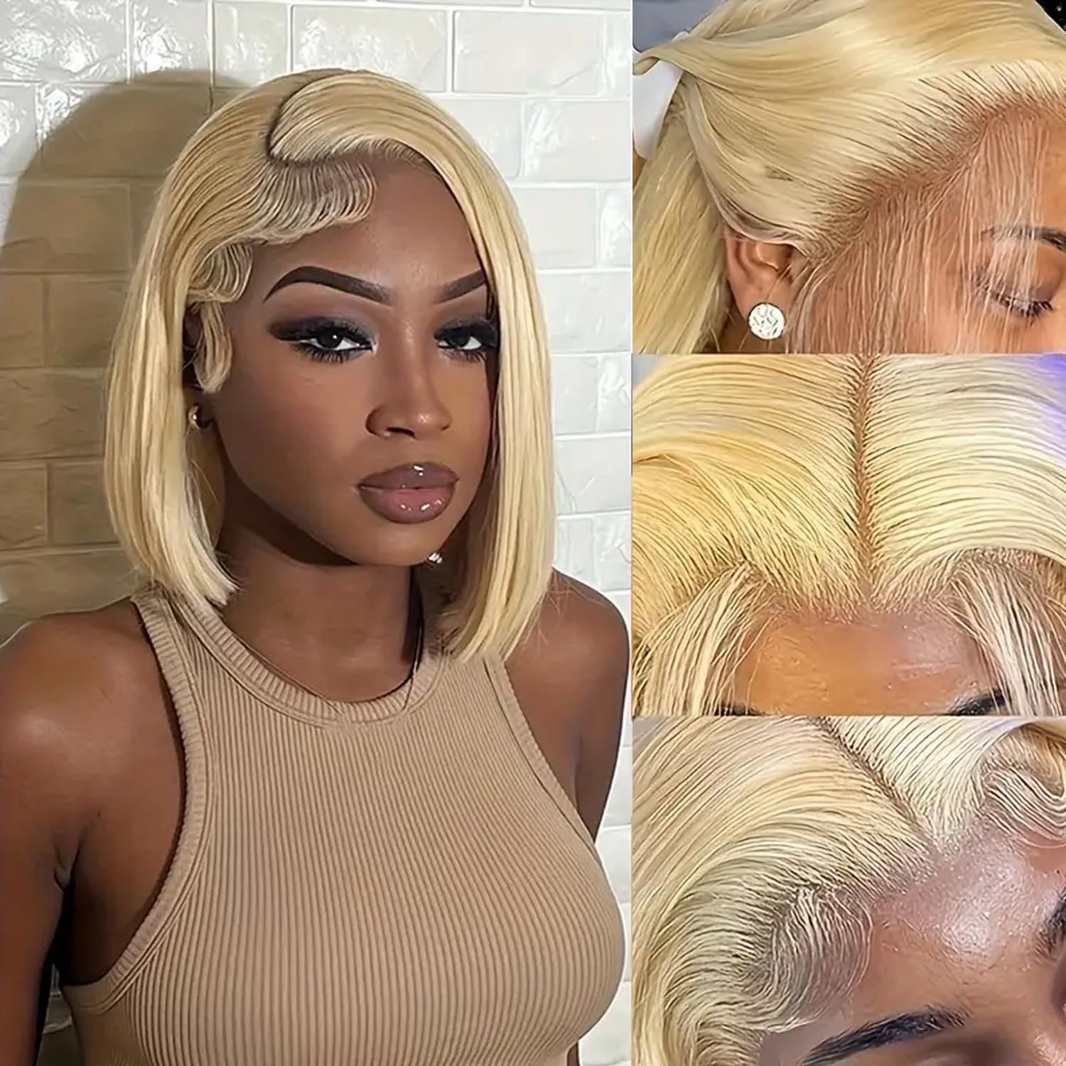 12 Inch 613 Blonde Bob Wig Human Hair 180 Density Straight Lace Front Wigs Human Hair Pre Plucked 613 Lace Front Wig Human Hair Short Blonde Wig 13x4 HD Lace Frontal Short Bob Wigs for Black Women - Image 7