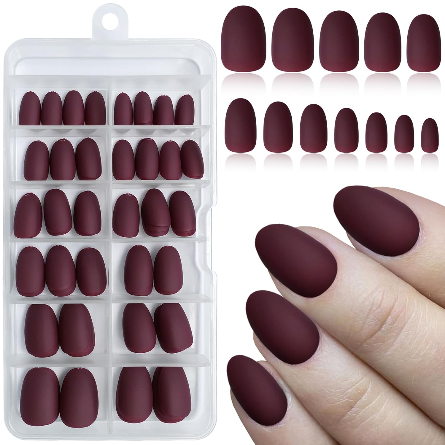 120pc Matte Burgundy Almond Press on Nails Short Oval Fake Nails Press ons with Glue&Sticky Tab, 12 Sizes Acrylic Nails Press on Nails Almond Nails Glue on Nail Tips Artificial Fingernail