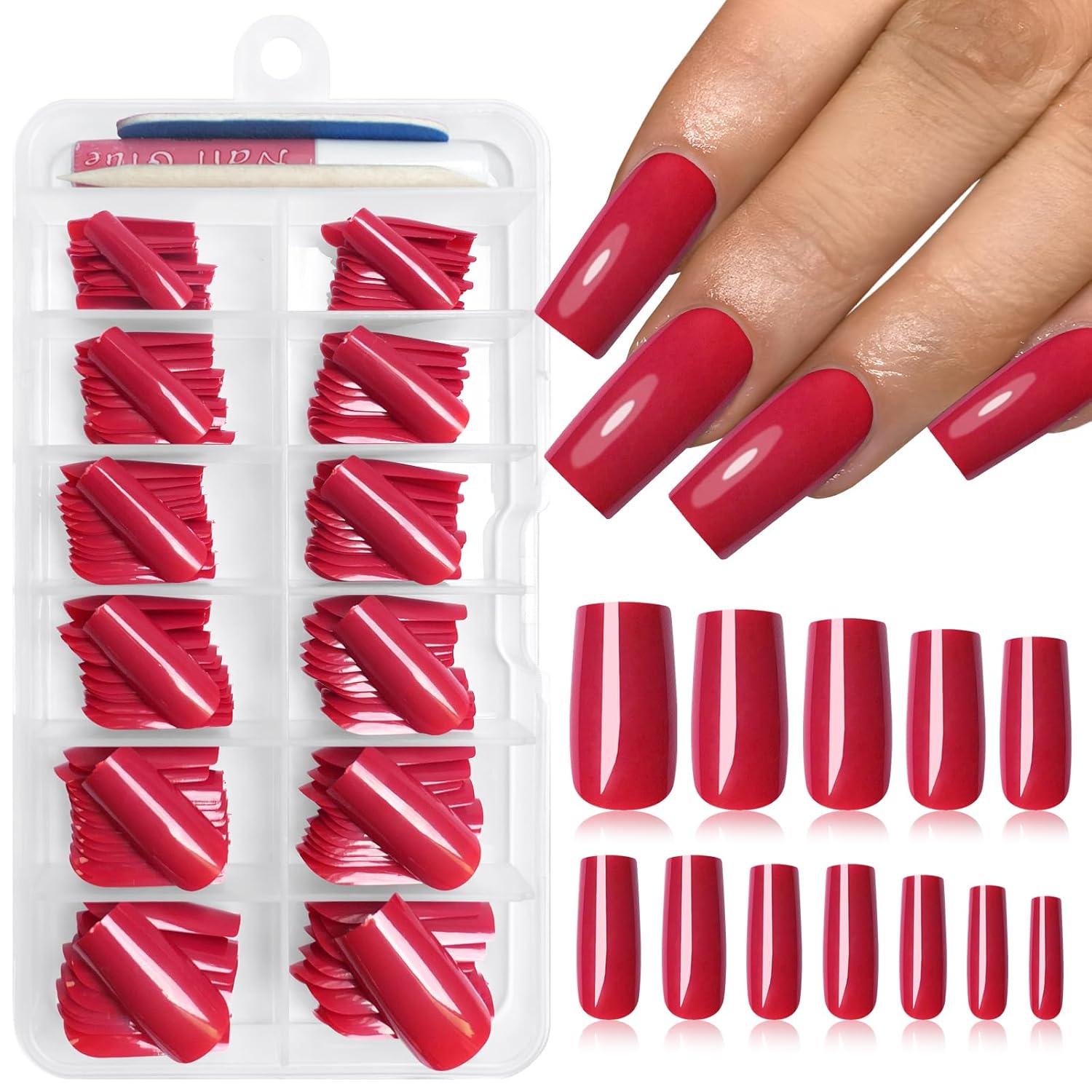 120PC Red Square Press on Nails Medium Long Fake Nails Press ons with Glue Nail Adhesive Tabs, 12 Sizes Acrylic Nails Press on Nails Square red Stick Nails Tips Artificial Fingernails