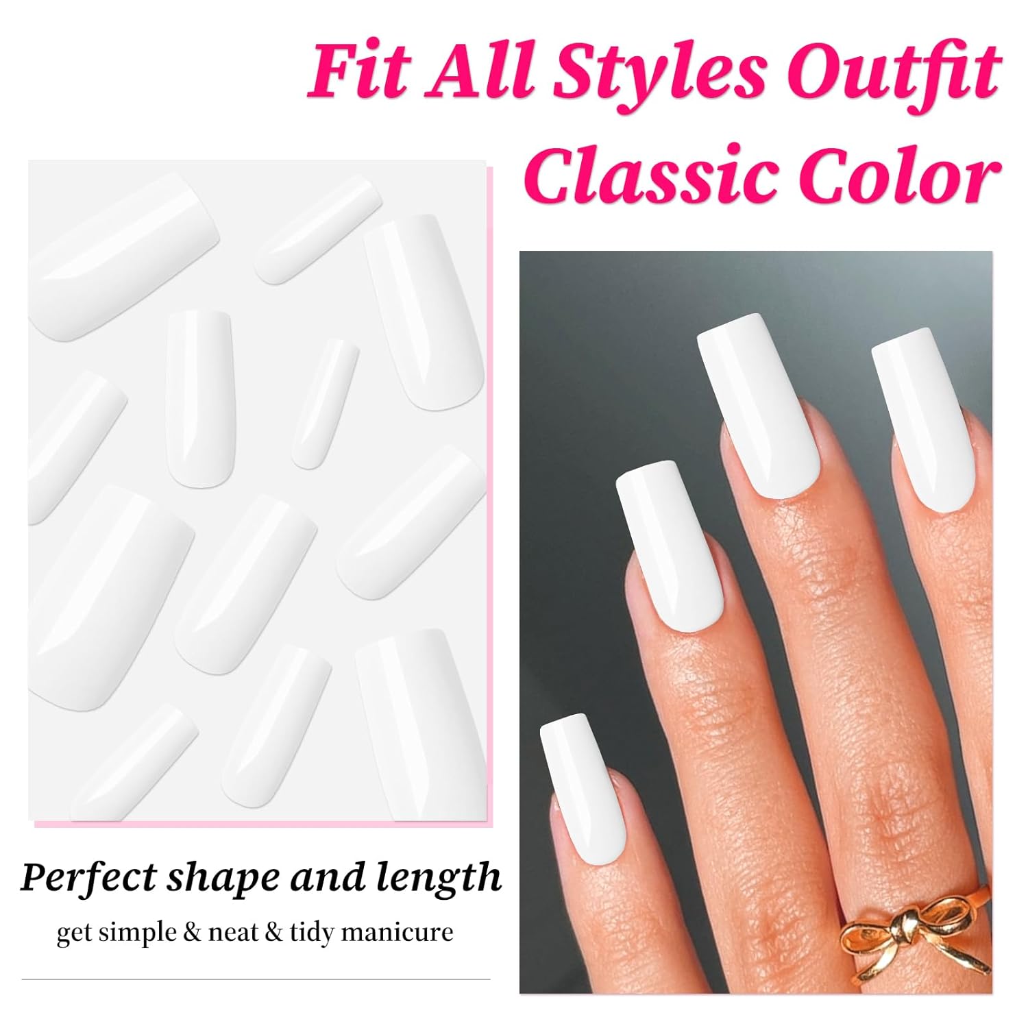 120PC White Square Press on Nails Medium Long Fake Nails Press ons with Glue Nail Adhesive Tabs, 12 Sizes Acrylic Nails Press on Nails Square White Stick Nails Tips Artificial Fingernails - Image 2