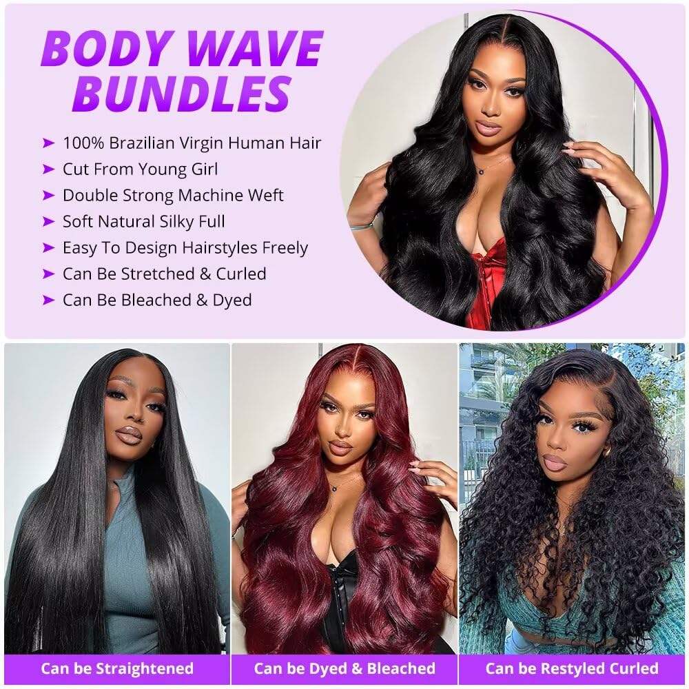 12A Human Hair Bundles 20 22 24 26 Inch Body Wave Bundles Human Hair 100% Unprocessed Brazilian Virgin Weave 4 Bundle for Women Natural Black Wavy Human Hair Extensions - Image 2