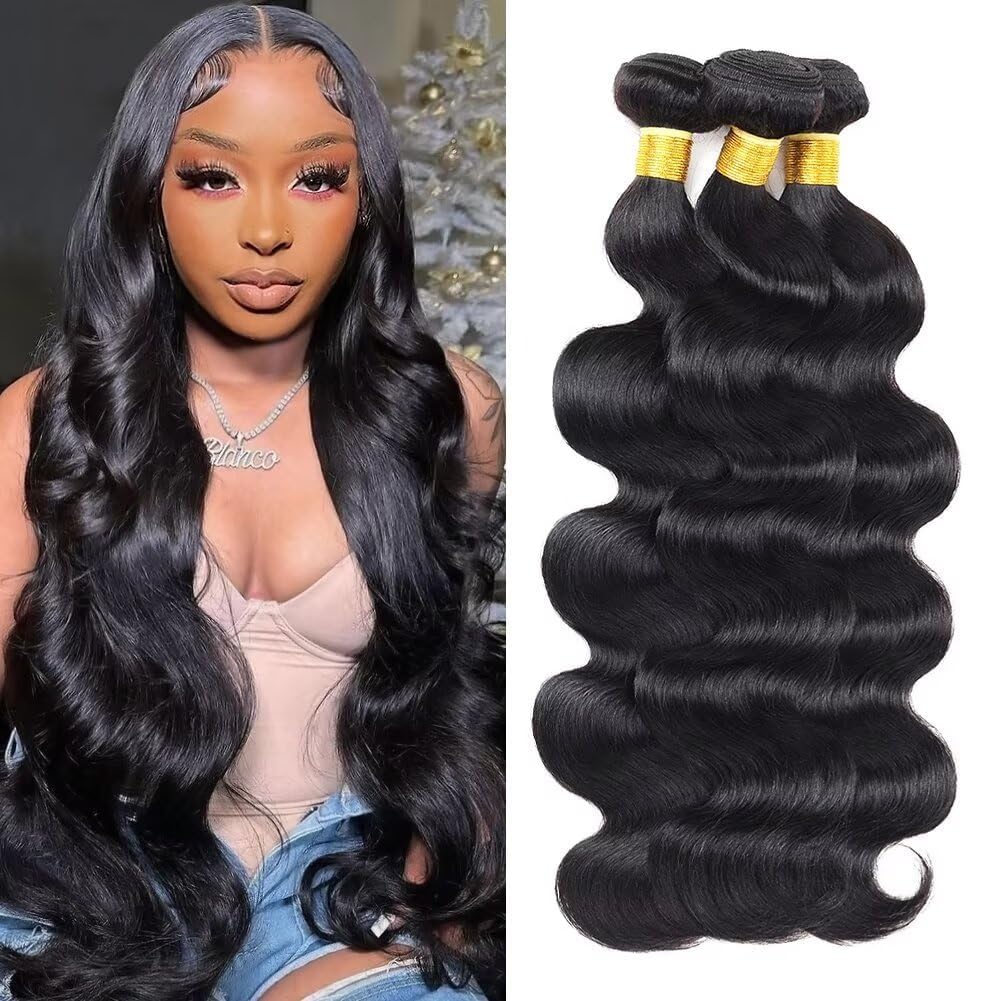 12A Human Hair Bundles 28 28 28 Inch Body Wave Bundles Human Hair 100% Unprocessed Brazilian Virgin Weave 3 Bundle for Women Natural Black Wet and Wavy Human Hair Extensions