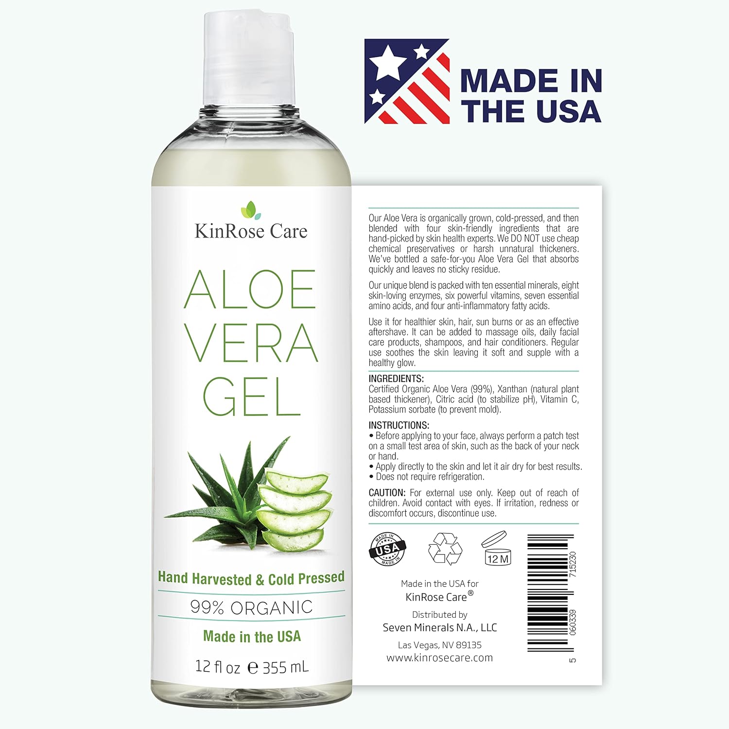 12oz Organic Aloe Vera Gel for Face, Skin, Hair & Sunburn Relief - From 100 Percent Pure Aloe Vera - Cold Pressed, Vegan, Unscented - Made in USA. - Image 3