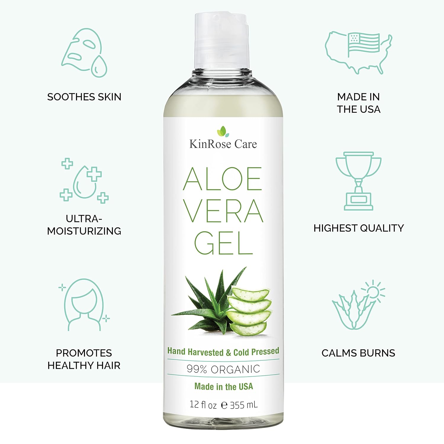 12oz Organic Aloe Vera Gel for Face, Skin, Hair & Sunburn Relief - From 100 Percent Pure Aloe Vera - Cold Pressed, Vegan, Unscented - Made in USA. - Image 2