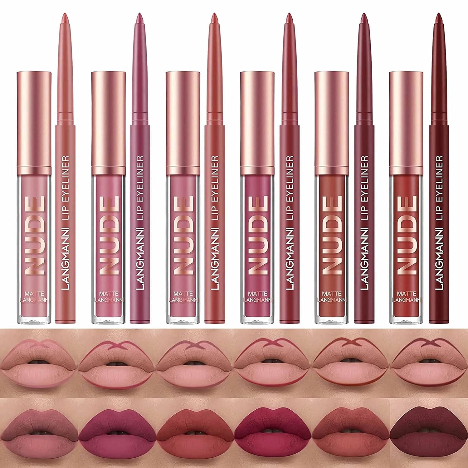 12Pcs Lip Liner and Lipstick Makeup Set, 6 Matte Nude Liquid Lip Stick With 6 Matching Smooth Lipliner pencil, All in One Waterproof Long Lasting Lipgloss, Girls&Women Lips Makeup Gift Set