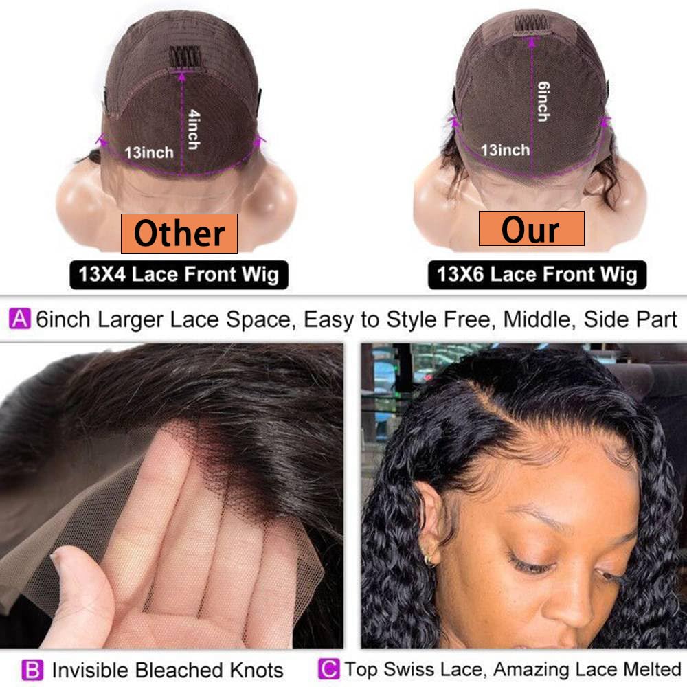 13x6 Bob Wig Deep Wave Lace Front Wigs Human Hair 13x6 Lace Frontal Wigs 180% Density Curly Bob Wig Human Hair Pre Plucked Deep Wave Wig for Black Women (Natural Black, 12Inch) - Image 6