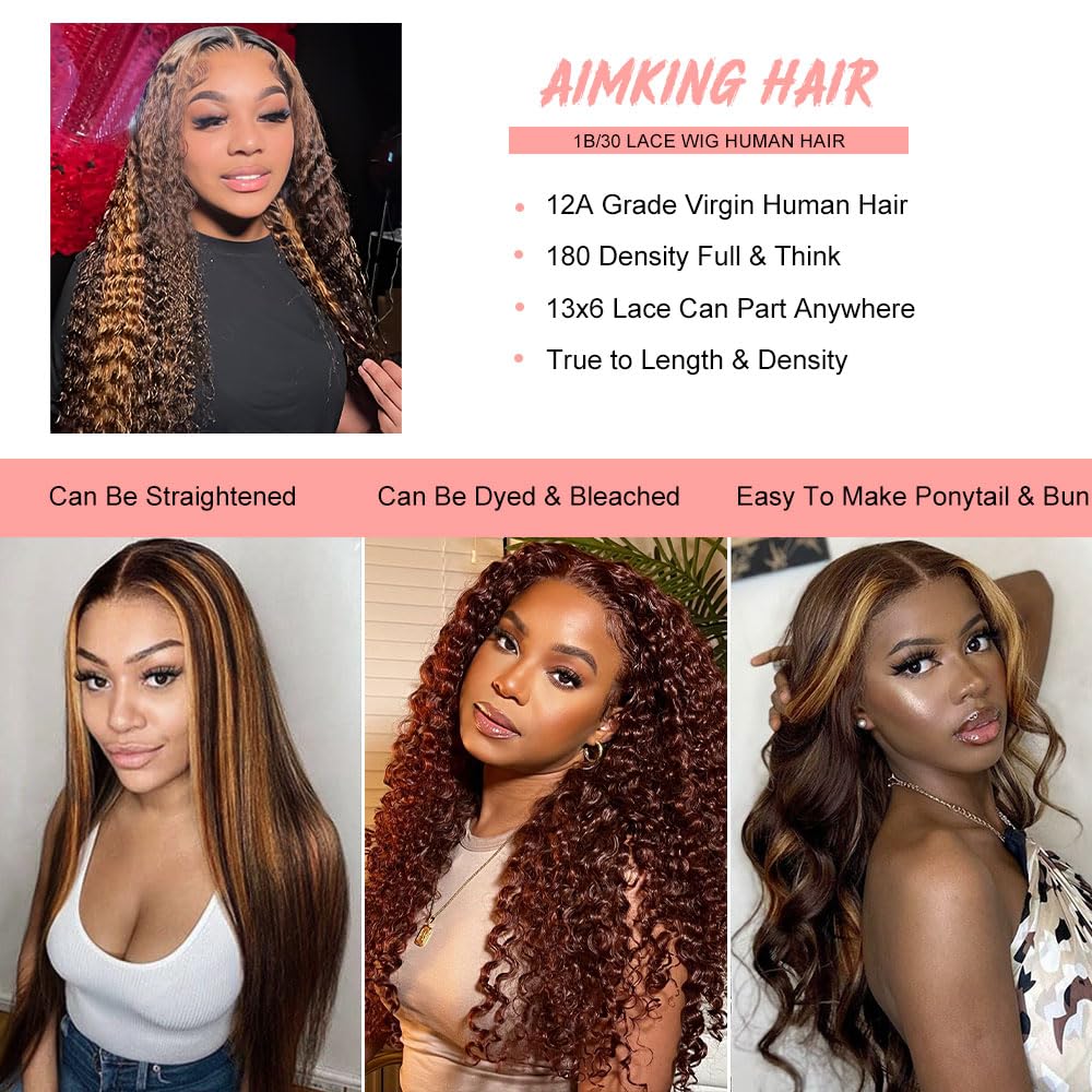 13x6 Highlight Ombre Lace Front Wig Human Hair Wigs For Women 180% Density 1B/30 HD Deep Wave Lace Frontal Wigs Curly Highlight Brown Wig Human Hair Pre Plucked With Baby Hair Colored (28 Inch) - Image 5