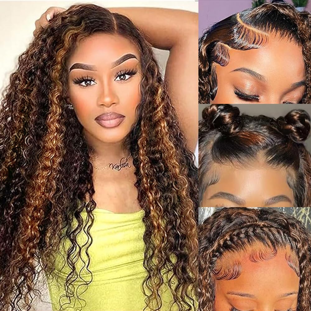 13x6 Highlight Ombre Lace Front Wig Human Hair Wigs For Women 180% Density 1B/30 HD Deep Wave Lace Frontal Wigs Curly Highlight Brown Wig Human Hair Pre Plucked With Baby Hair Colored (28 Inch) - Image 4