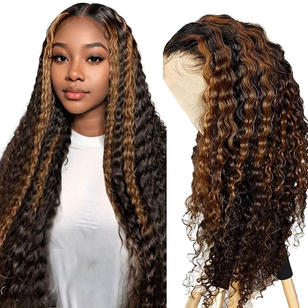 13x6 Highlight Ombre Lace Front Wig Human Hair Wigs For Women 180% Density 1B/30 HD Deep Wave Lace Frontal Wigs Curly Highlight Brown Wig Human Hair Pre Plucked With Baby Hair Colored (28 Inch) - Image 2