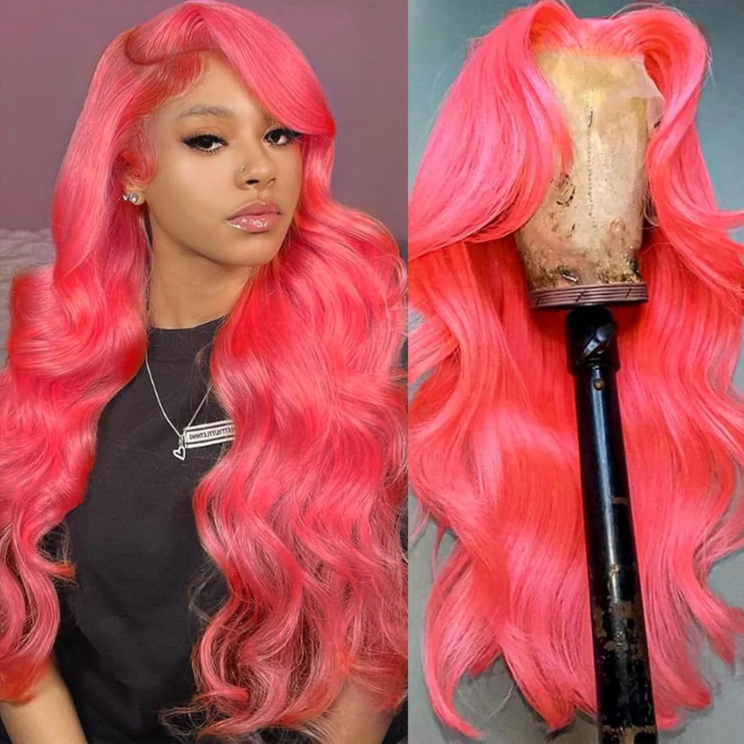 13x6 Hot Pink Lace Front Wigs Human Hair Wigs for Women 200% Density Hot Pink Lace Frontal Wig Body Wave with Natural Hairline Colored Pre Plucked Glueless 20 Inch