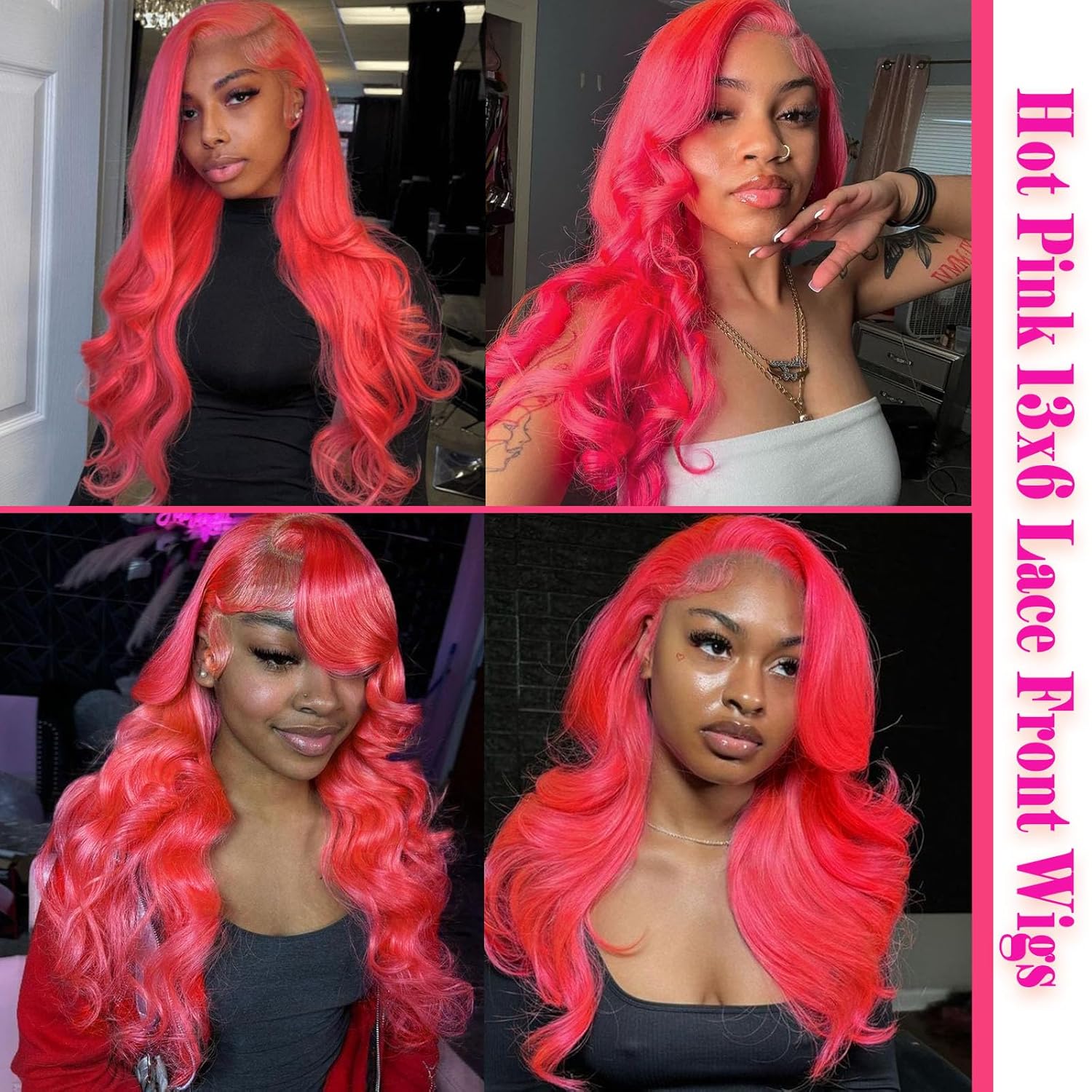 13x6 Hot Pink Lace Front Wigs Human Hair Wigs for Women 200% Density Hot Pink Lace Frontal Wig Body Wave with Natural Hairline Colored Pre Plucked Glueless 20 Inch - Image 6