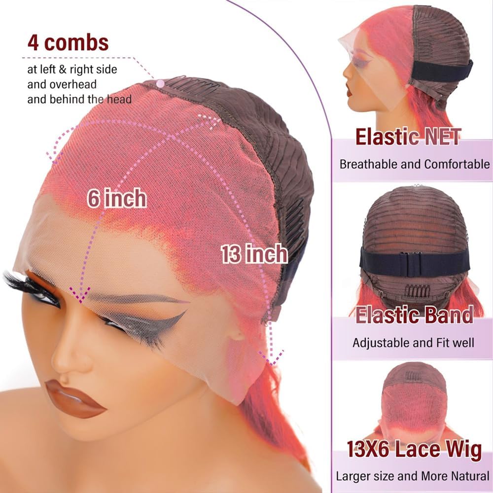 13x6 Hot Pink Lace Front Wigs Human Hair Wigs for Women 200% Density Hot Pink Lace Frontal Wig Body Wave with Natural Hairline Colored Pre Plucked Glueless 20 Inch - Image 5