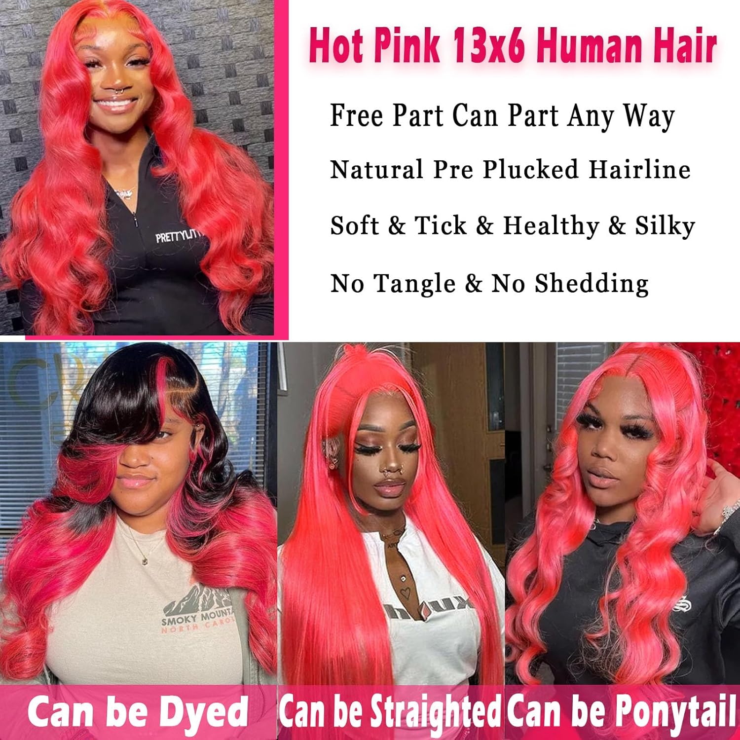 13x6 Hot Pink Lace Front Wigs Human Hair Wigs for Women 200% Density Hot Pink Lace Frontal Wig Body Wave with Natural Hairline Colored Pre Plucked Glueless 20 Inch - Image 4