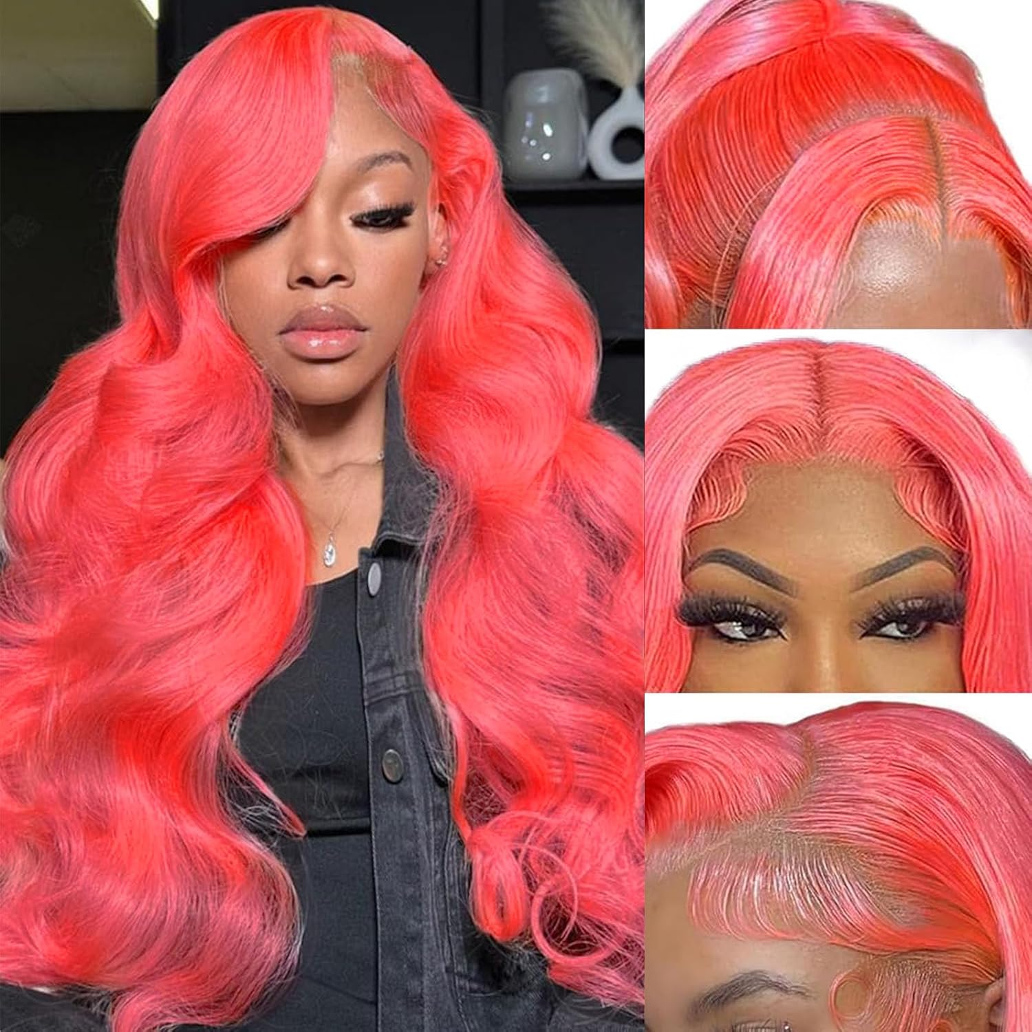 13x6 Hot Pink Lace Front Wigs Human Hair Wigs for Women 200% Density Hot Pink Lace Frontal Wig Body Wave with Natural Hairline Colored Pre Plucked Glueless 20 Inch - Image 3