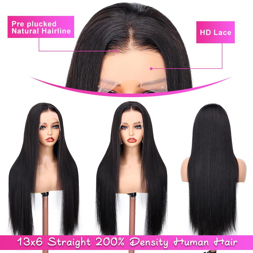 13x6 Straight Lace Front Wigs Human Hair 200% Density Straight Wigs Human Hair For Women HD Transparent Lace Straight Wigs Pre Plucked 24 Inch - Image 2